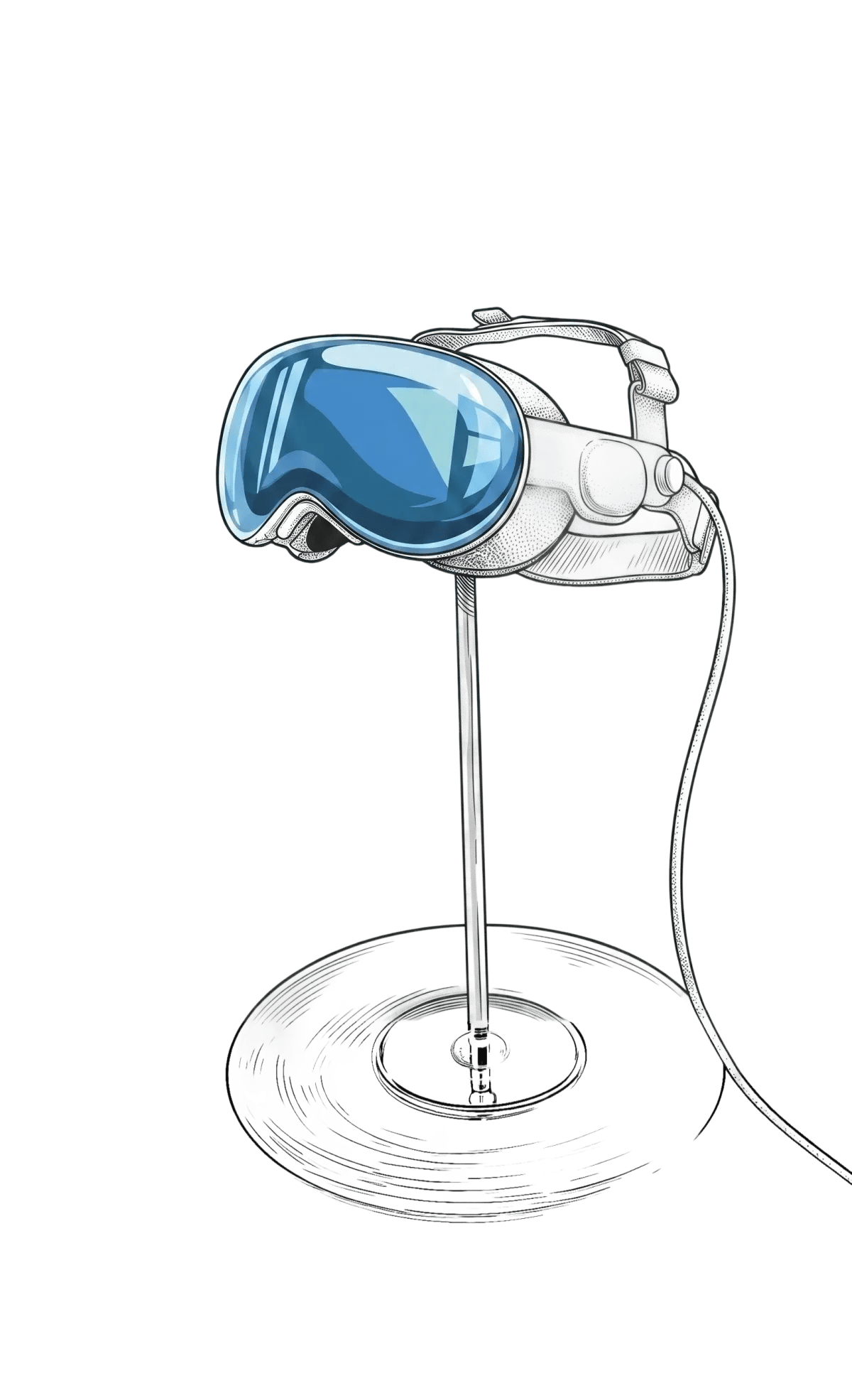 A virtual reality headset resting on a display stand