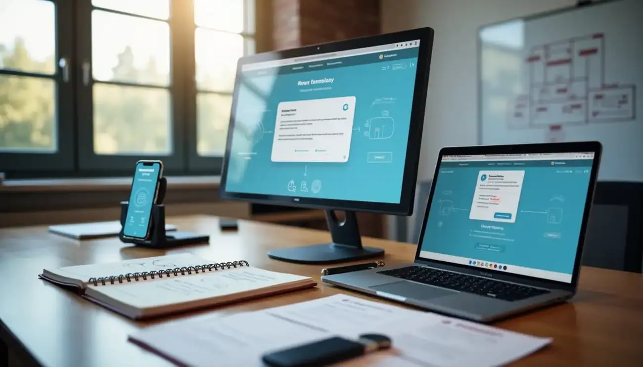 A phone, laptop, and desktop computer screen on the table.