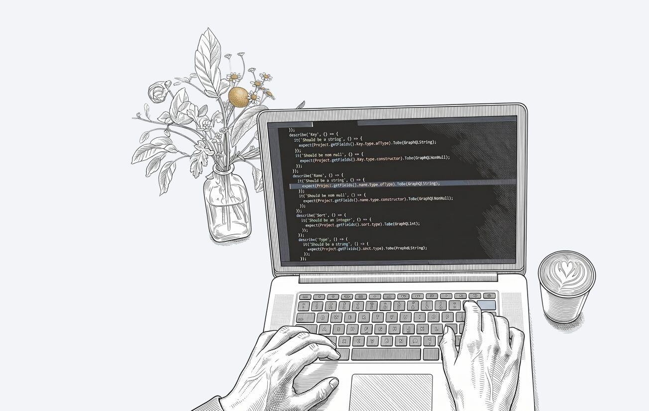 Hands typing on a laptop showing code, beside a coffee and a vase of flowers
