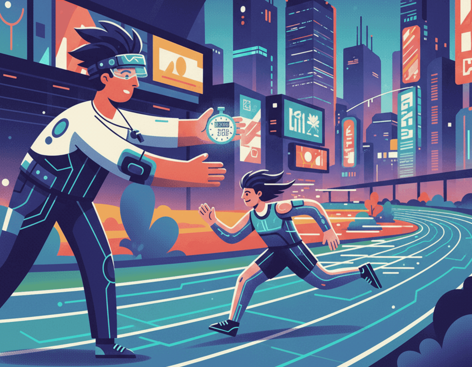 a coach holding a stop watch timing a runner on a track in a high tech anime style