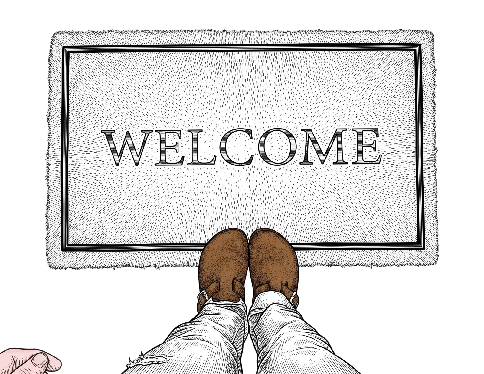 Looking down at a pair of feet in brown shoes standing on a doormat that reads WELCOME