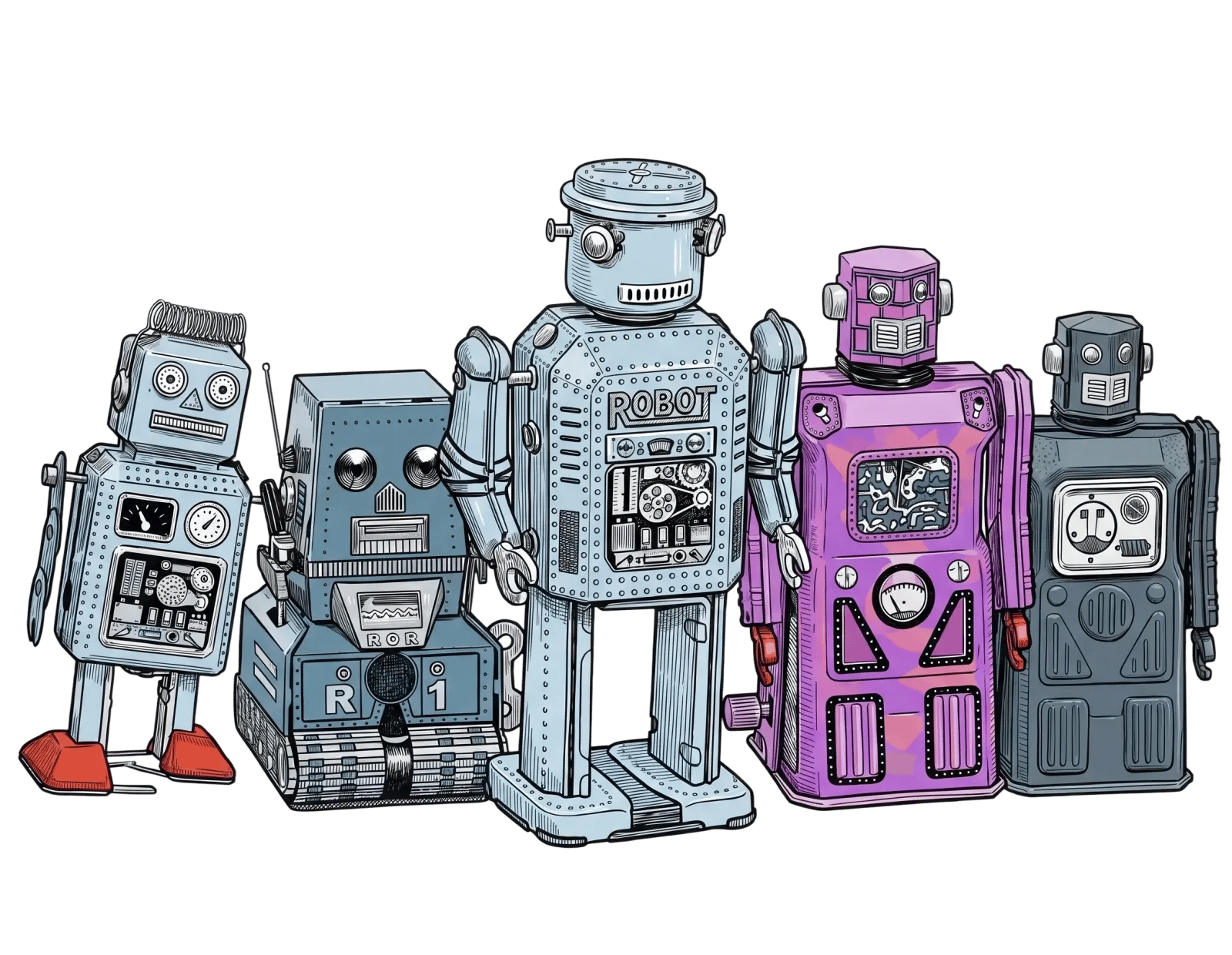 A row of five vintage tin toy robots in blue, grey and purple