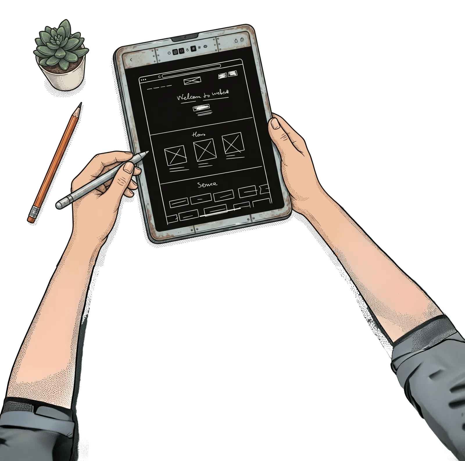 Hands sketching a website wireframe on a tablet with a stylus, beside a pencil and a potted succulent