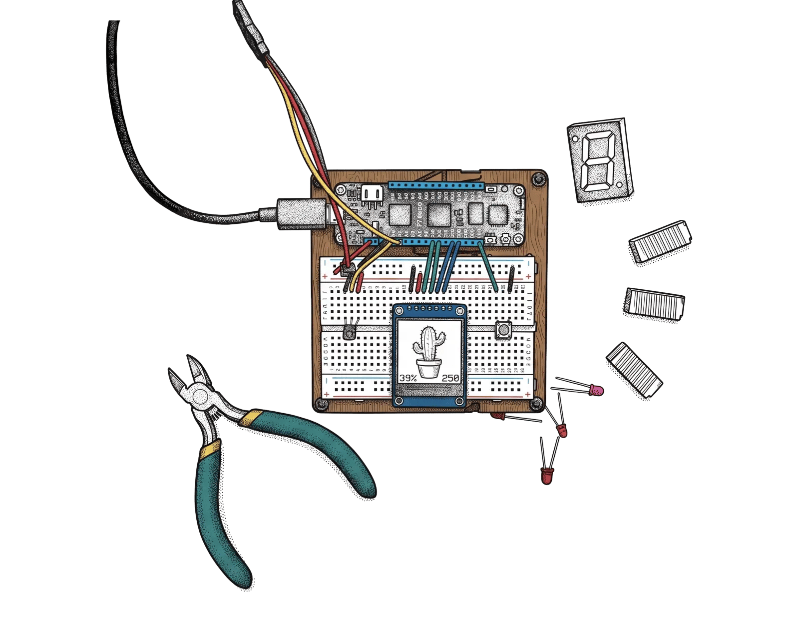A microcontroller wired to a breadboard with a small screen showing a cactus, surrounded by pliers, LEDs and display modules