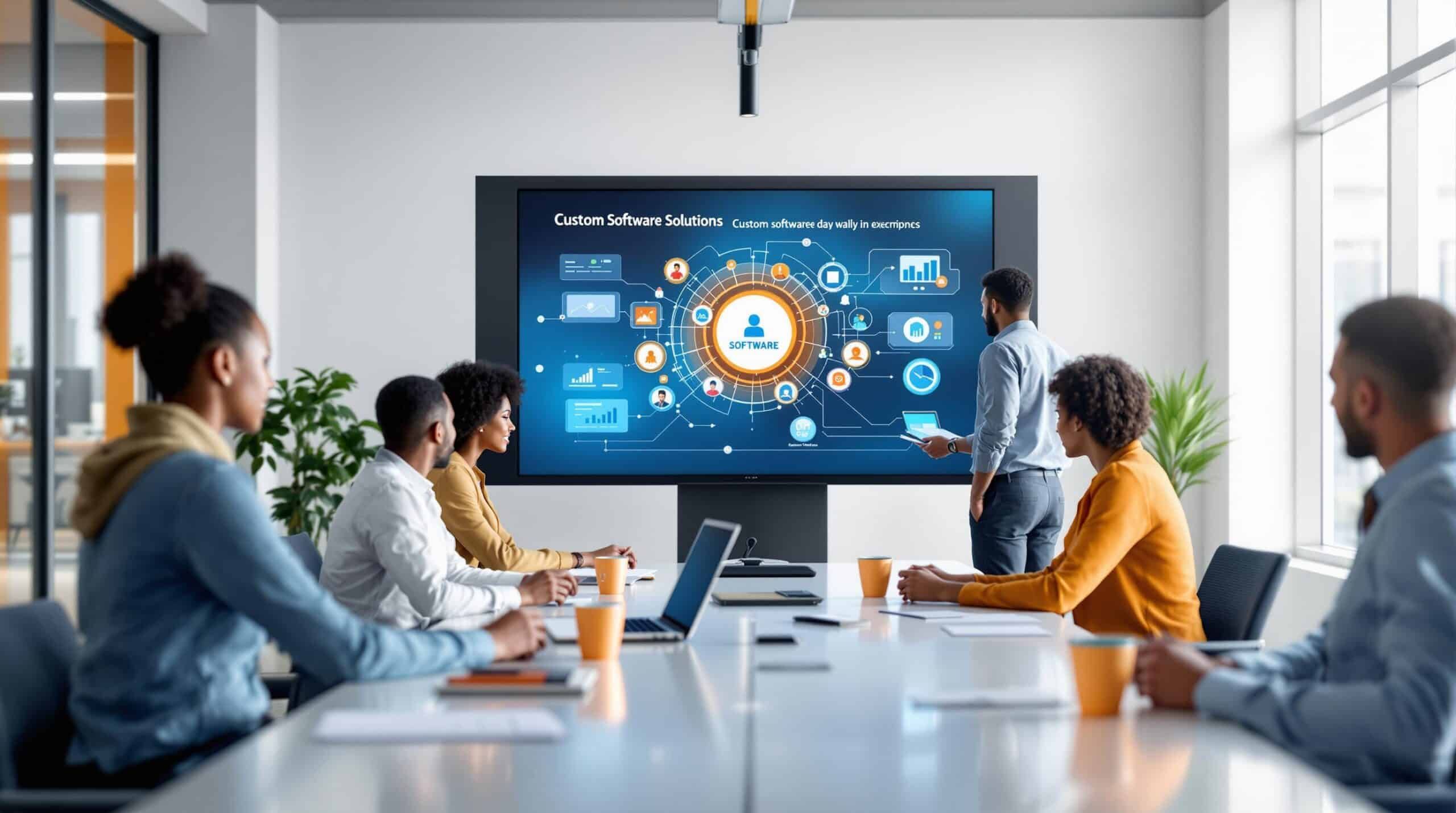 Six people are looking at a large computer screen in front of them in an office