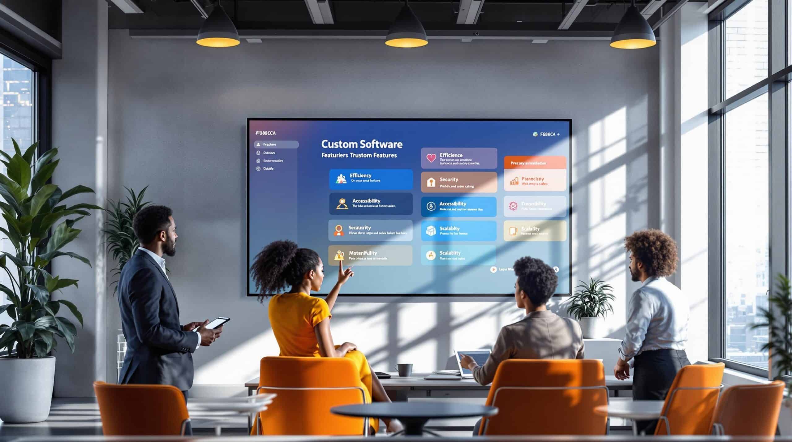 Four people are looking at a large computer screen in front of them in an office