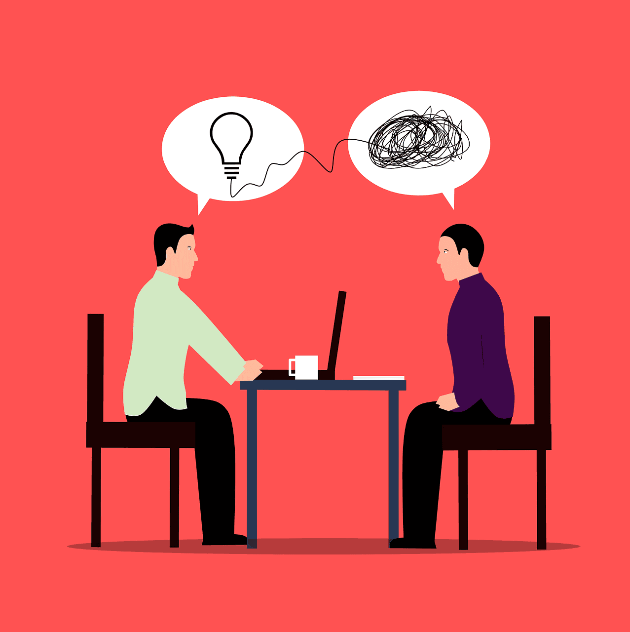 Two people at a table looking at each other, one with an idea, trying to communicate it to the other person.