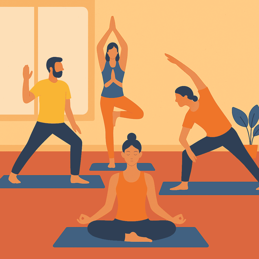 A group of people are doing yoga.