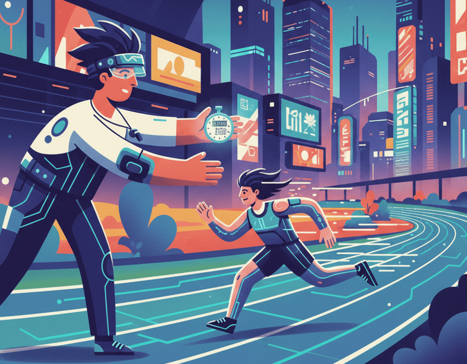 a coach holding a stop watch timing a runner on a track in a high tech anime style