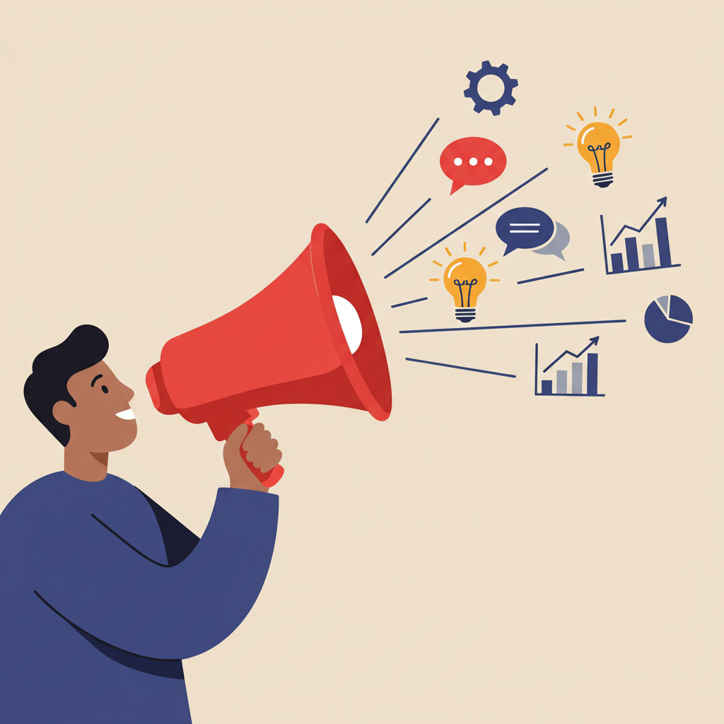 an image that depicts a person, rendered in a simple, flat vector style, holding a bright red megaphone up to their mouth as if speaking or making an announcement.