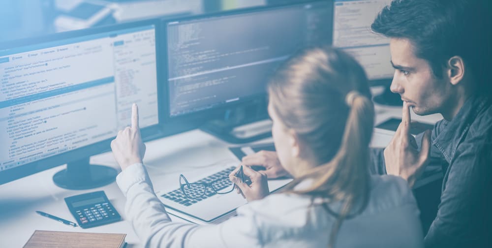 Two people at computer