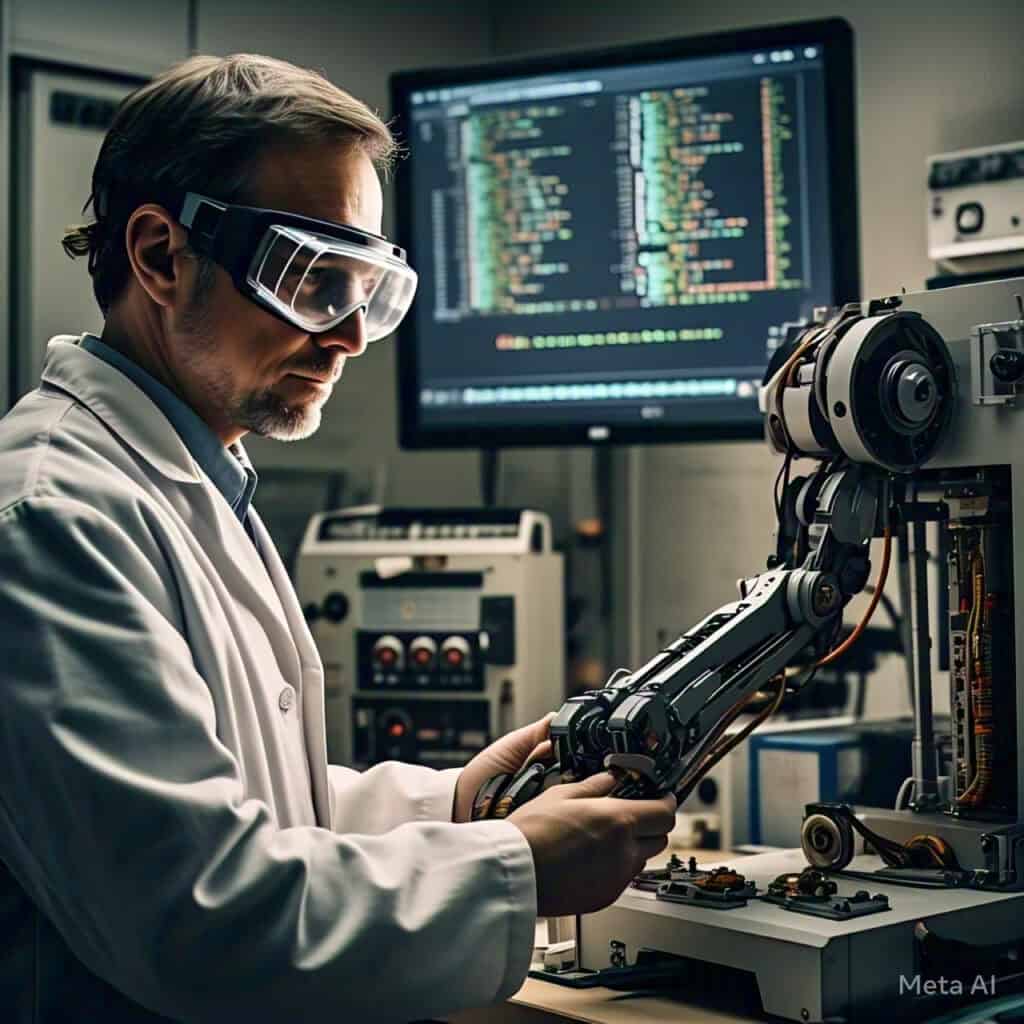 A scientist working with a robotic arm in a lab.