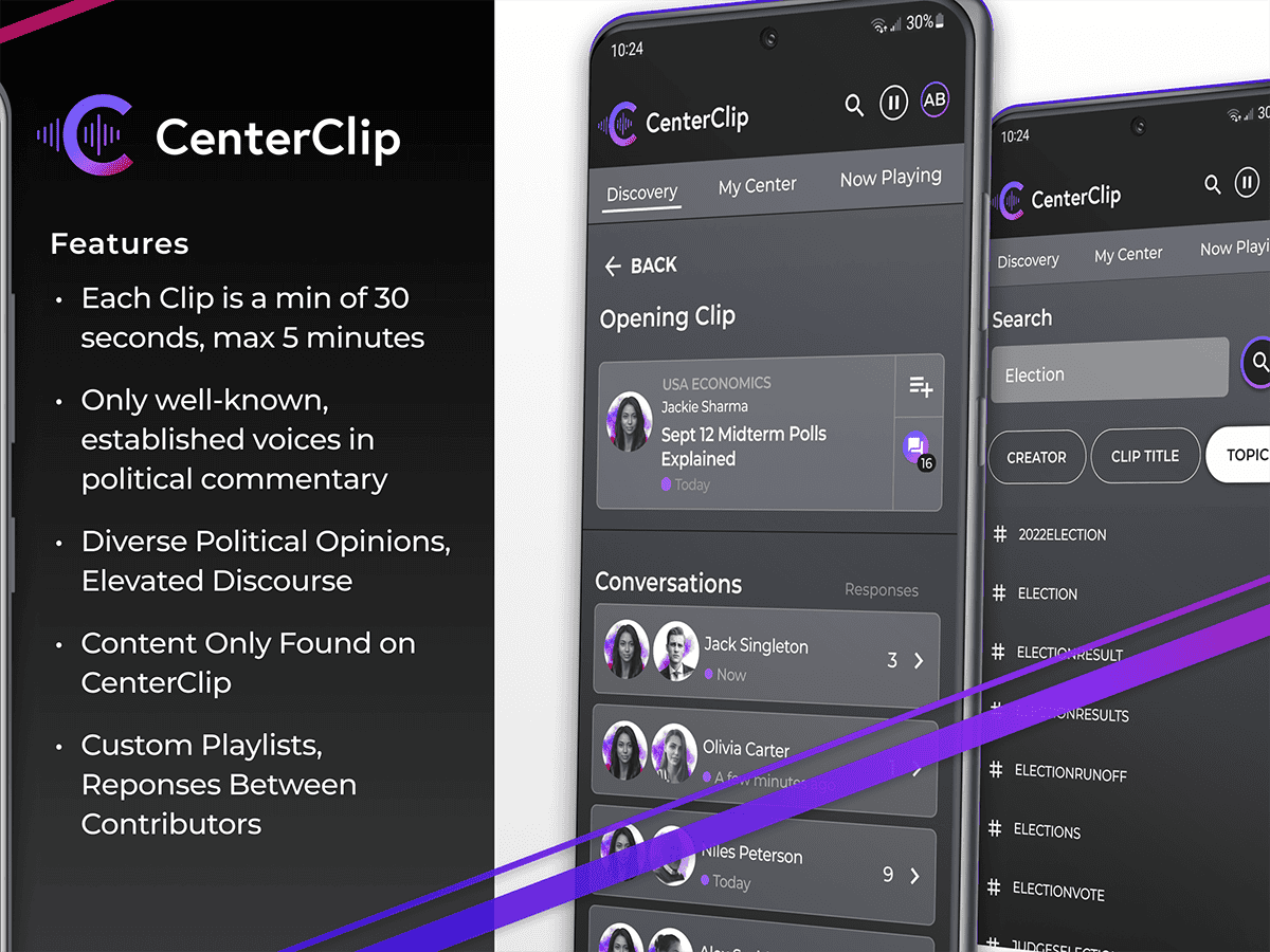 Screenshots from the CenterClip mobile application.