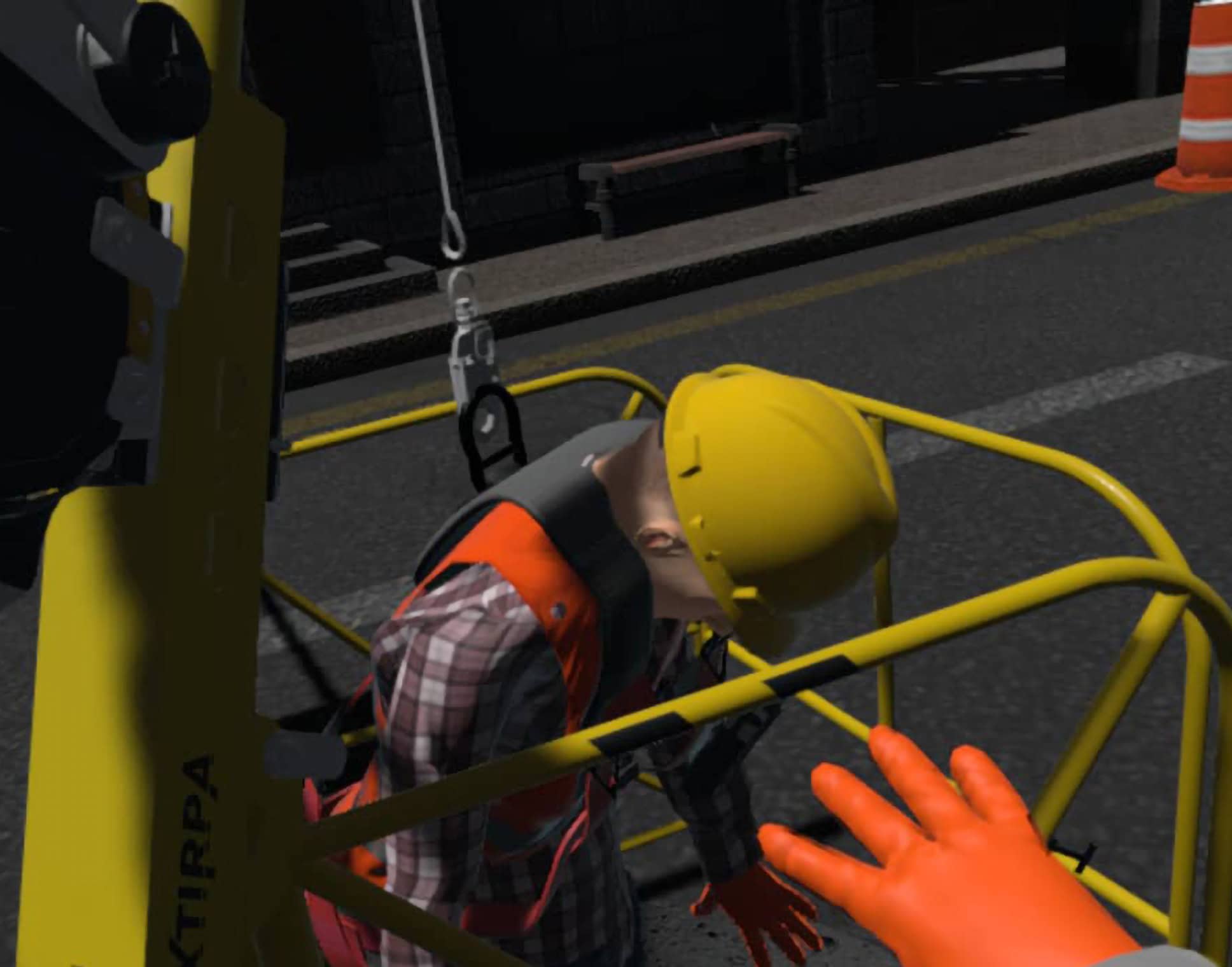 A worker being lowered into an underground space in virtual reality.