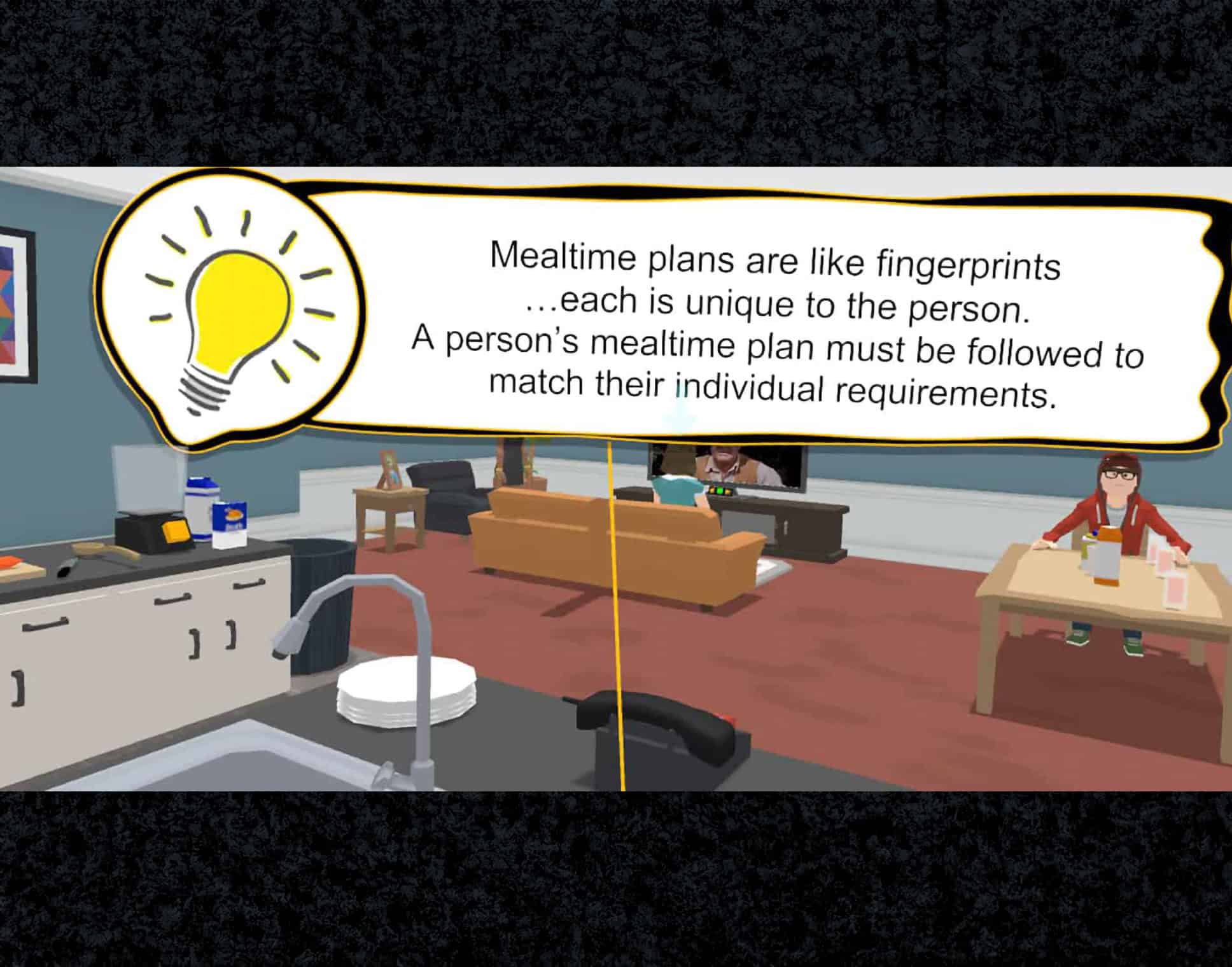 A virtual reality world of a living room and kitchen area.