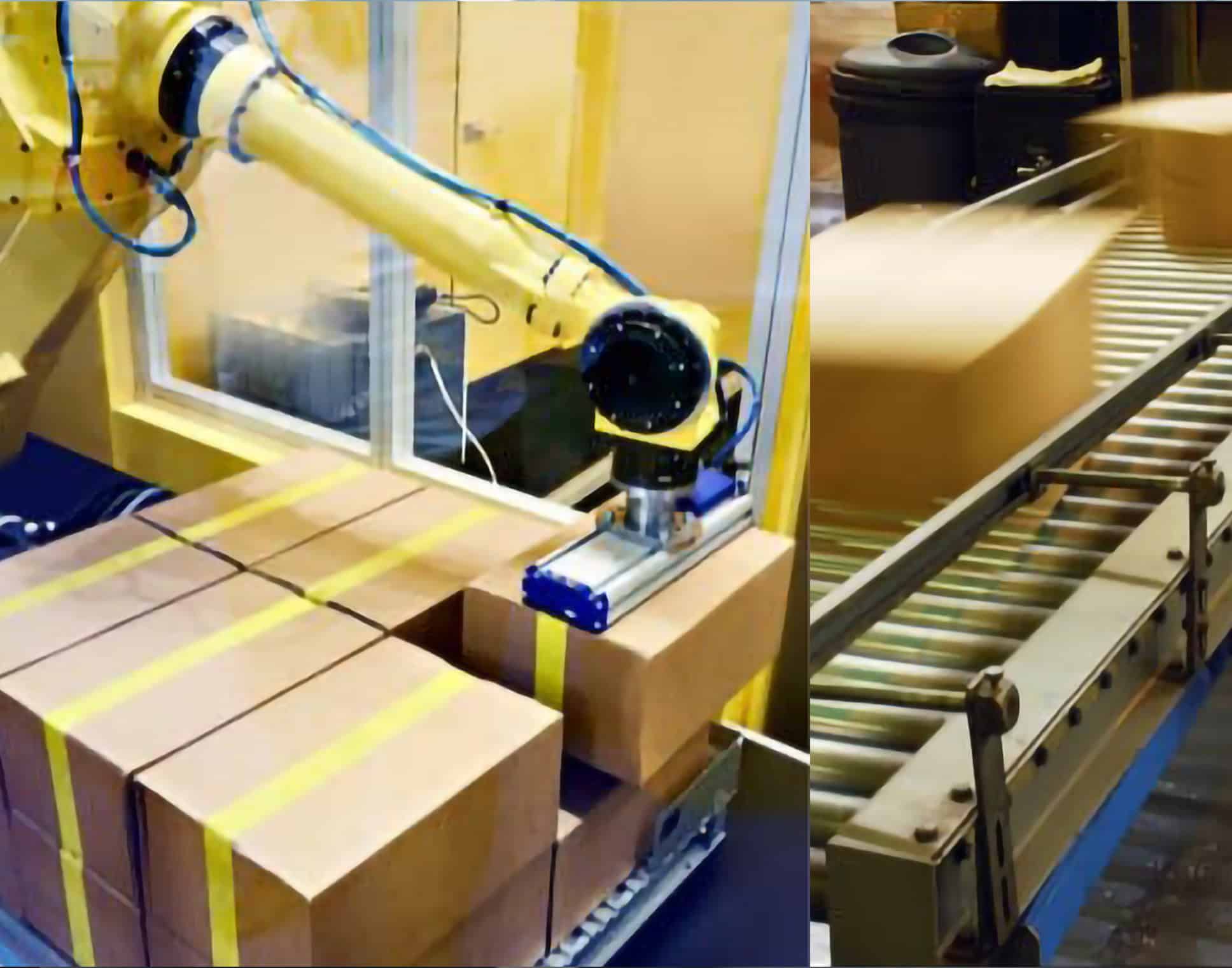 Robotic arm moving cardboard packages.