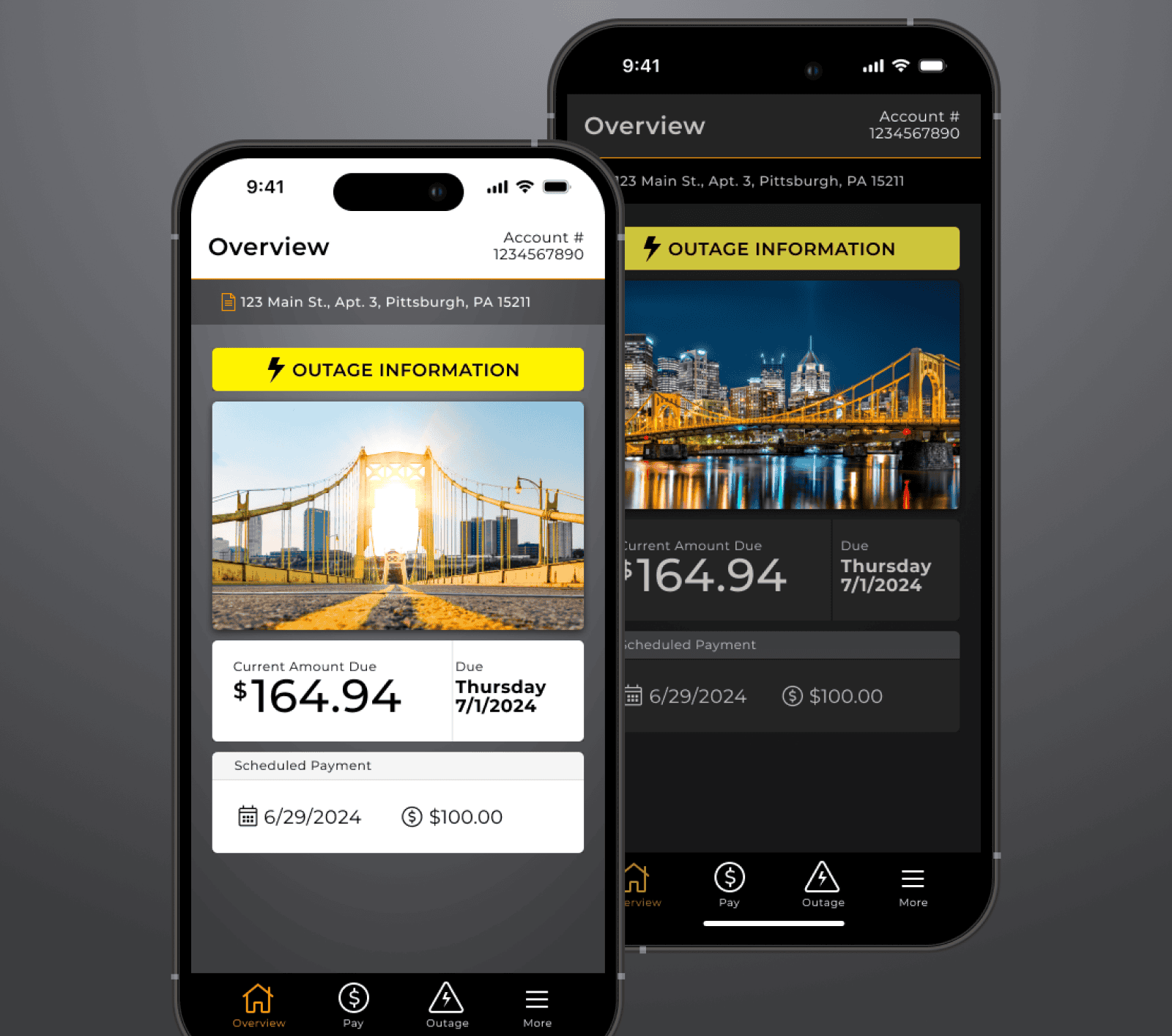 Closeups of screenshots of the Duquesne Light mobile payments application.