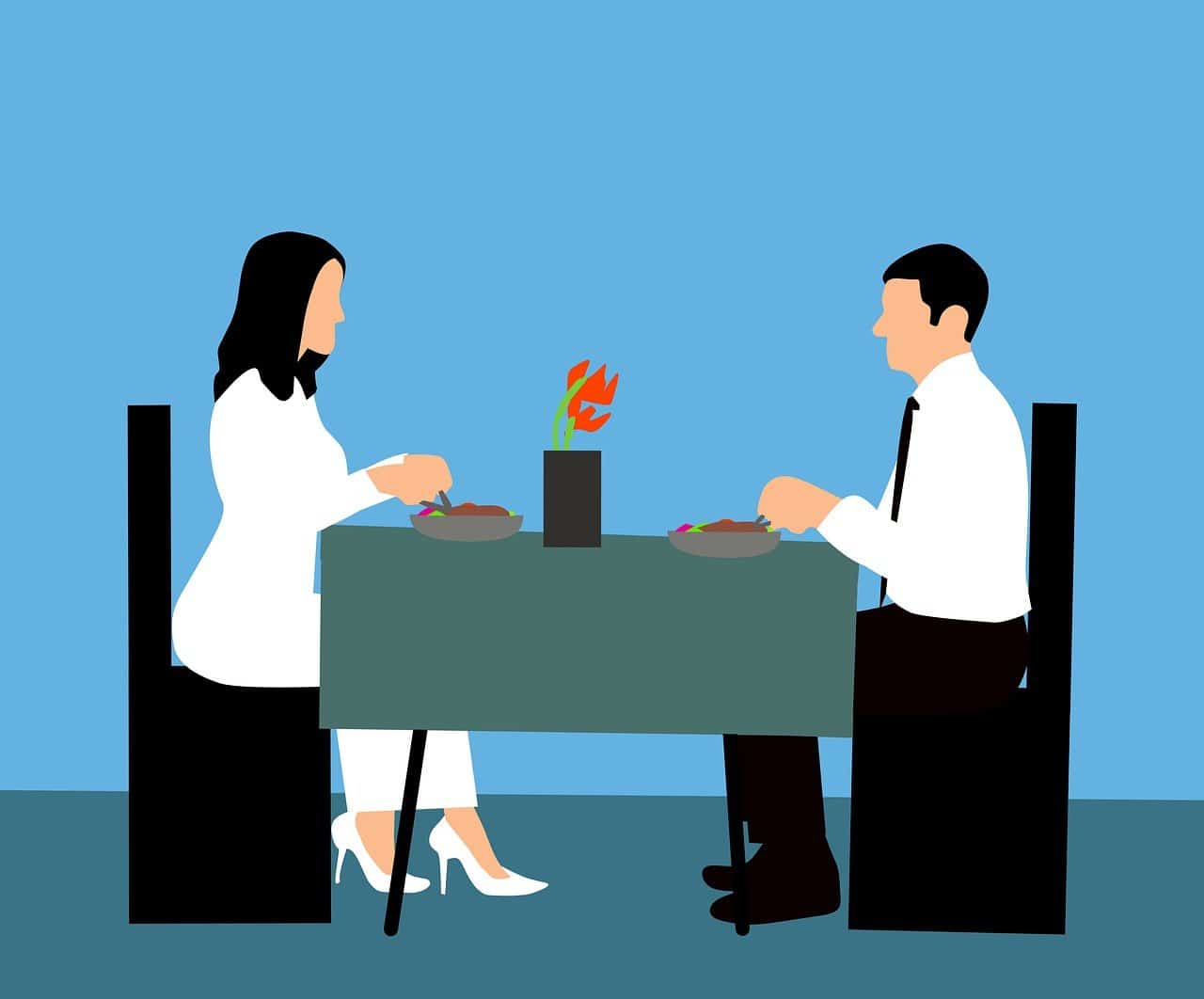 A drawing of two people at the dinner table, eating a meal together, a man and a woman.