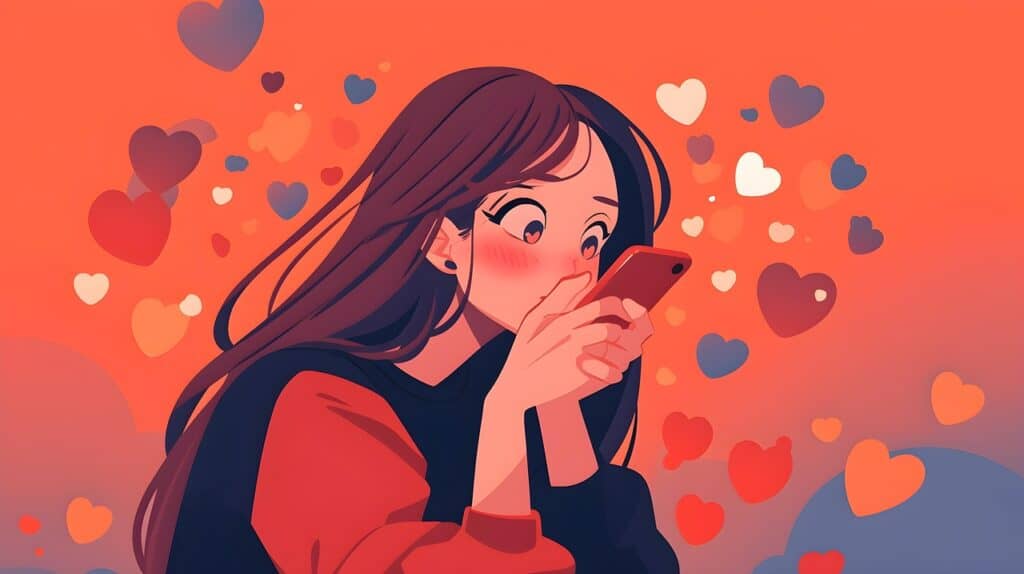 A drawing of a woman surrounded by hearts, looking at her phone.