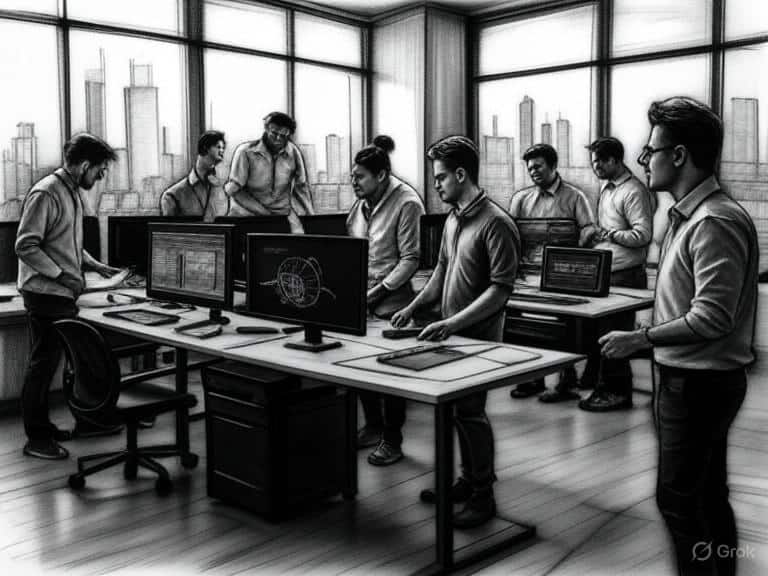 Charcoal sketch of a workplace